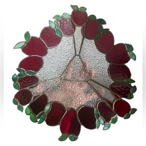 Large Stained Glass Centerpiece Plate Apples & Strawberries Leaded Glass Art VTG